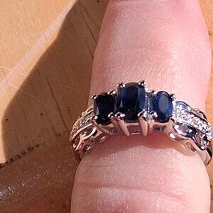 Sterling Silver Blue Sapphire Diamond Ring Size 6 Oval 1.35 CTW F Color